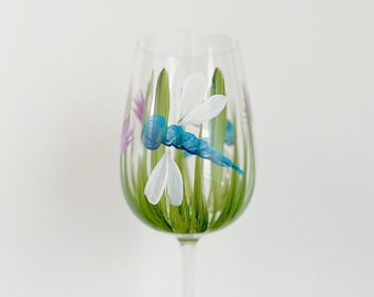 Hand painted Dragonfly 16oz Oversized Stemmed Wine glass with purple wild flowers. Great gift for flower lovers, Mom, Friends