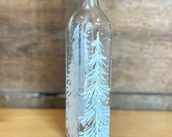 Hand painted Holiday Winter White Trees Olive Oil, Dish Soap Dispenser Bottle for Kitchen Christmas Gift idea, hostess present.