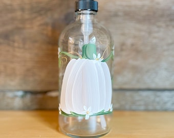 Hand painted Fall White Ivory Pumpkin Glass Soap Lotion Dispenser Bottle16oz. with Black pump