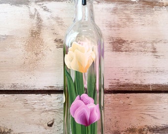 Hand painted Pink and Yellow Tulips Olive Oil, Dish Soap Dispenser Bottle for Kitchen