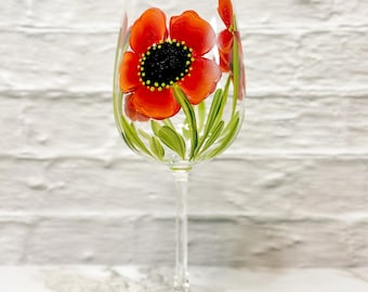 Hand painted Red Poppy 16oz  Wine glasses with Stems. Makes a wonderful Mothers Day, Housewarming, August Birthday, Teachers Gift