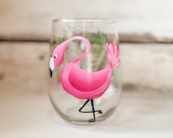 Hand painted Pink Flamingo STEMLESS Wine glass/Tumbler with Palm Trees. Great gift for Mother's Day, Birthday gifts and retirements