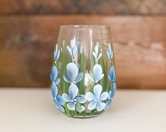 Painted Blue Wildflower STEMLESS Wine glasses.  Hand painted Wine tumbler Perfect for your favourite wine.