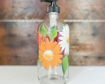 Hand painted Gerber Daisy Glass Soap Dispenser Bottle, 16oz. with Black pump. Great housewarming gift or Daisy lover gift