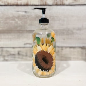 Hand painted Glass Soap, Lotion Dispenser Bottle Sunflower, 16oz.with Black pump