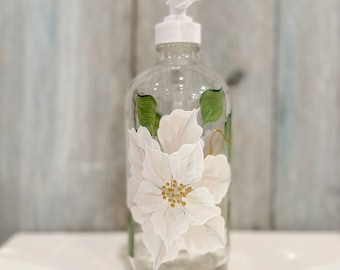 Hand painted Holiday White Poinsettia Soap Dispenser. Christmas Gift idea for her, hostess present.  16oz with White Soap pump