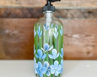 Hand painted Blue Wildflower Glass Soap Lotion Dispenser Bottle, 16oz with Black pump. Great for Kitchen or Bathroom.  Makes a great gift.