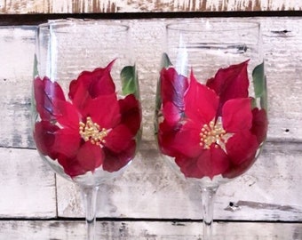 Red Poinsettia Stemmed wine glass, hand painted 16oz. custom wine glass tumbler for holiday entertaining