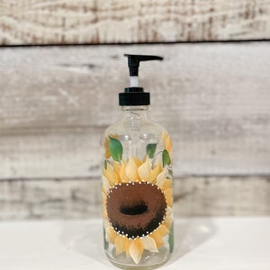 Hand painted Glass Soap, Lotion Dispenser Bottle Sunflower, 16oz.with Black pump image 5