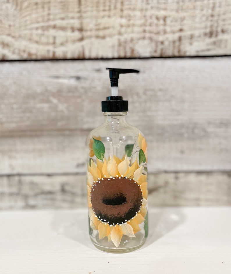 Hand painted Glass Soap, Lotion Dispenser Bottle Sunflower, 16oz.with Black pump image 5