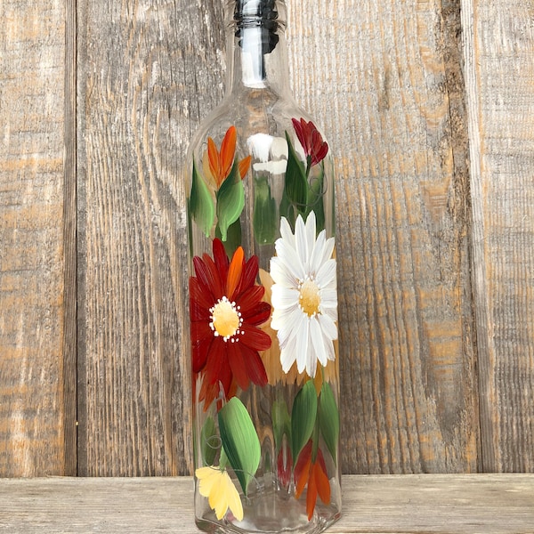 Hand painted Gerber Daisy Olive Oil, Dish Soap Dispenser Bottle for Kitchen