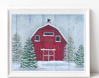 Rustic Winter Red Barn Wall Art Print. Farmhouse art decor, Winter Barn Scene, Landscape. Printed from Original Artwork.  Barn Lover gift.