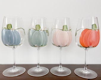 Hand painted Fall Pumpkins stemmed Wine glasses. Multicoloured set Perfect for Thanksgiving and Autumn entertaining
