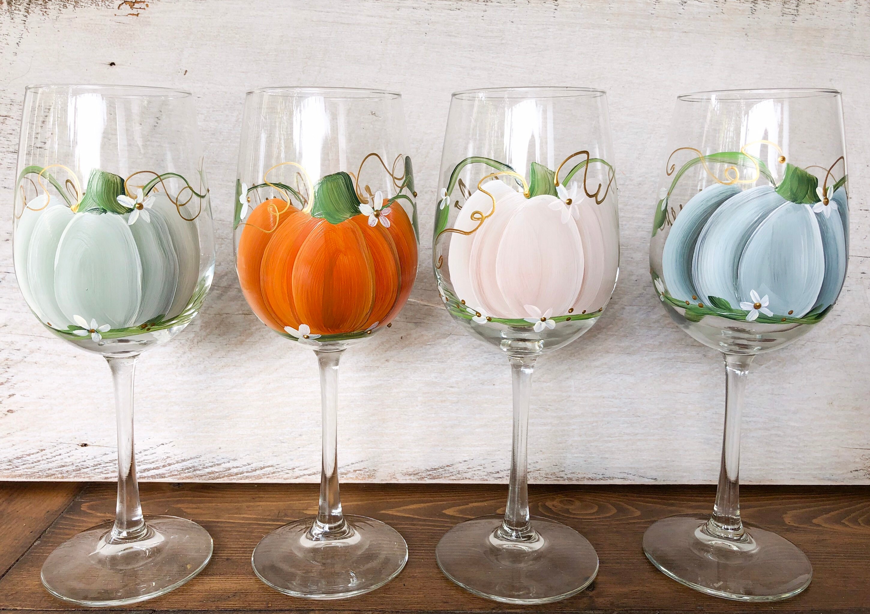 Hand painted Fall Ivory Pumpkin stemmed Wine glasses. Perfect Etsy
