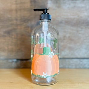 Hand painted Fall Orange Pumpkin Glass Soap Lotion Dispenser Bottle16oz. with Black pump