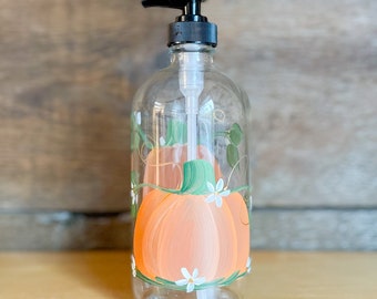 Hand painted Fall Orange Pumpkin Glass Soap Lotion Dispenser Bottle16oz. with Black pump