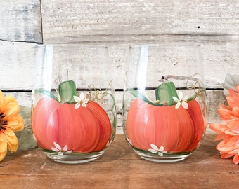 Hand painted Fall Orange Pumpkin Stemless Wine glasses.  Perfect for Thanksgiving and Fall entertaining