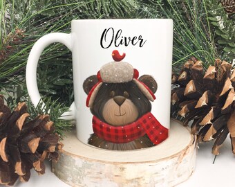 Personalized Christmas Bear mug. Hot chocolate ceramic mug.  Christmas and holiday present. Canadiana bear gift