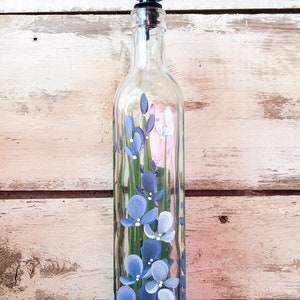 Hand painted Blue Wildflower Olive Oil, Dish Soap Dispenser Bottle for Kitchen