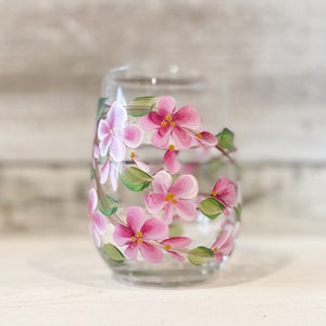 Painted Cherry Blossom STEMLESS Wine glasses. Hand painted Wine tumbler Perfect for your favourite wine. image 1