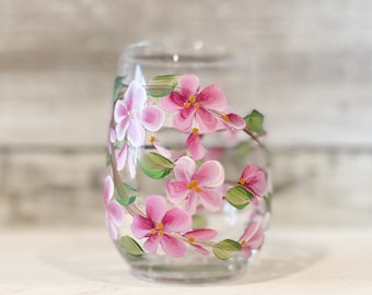 Painted Cherry Blossom STEMLESS Wine glasses.  Hand painted Wine tumbler Perfect for your favourite wine.