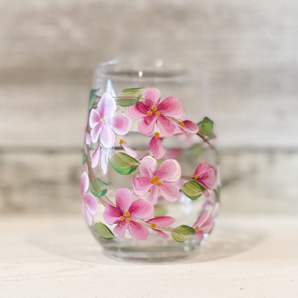 Painted Cherry Blossom STEMLESS Wine glasses.  Hand painted Wine tumbler Perfect for your favourite wine.