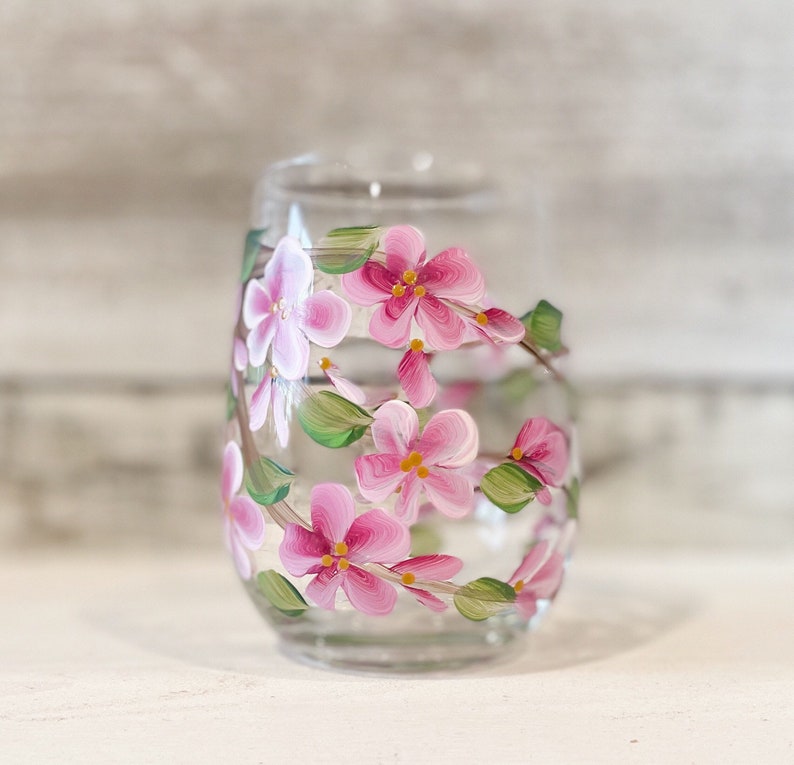 Painted Cherry Blossom STEMLESS Wine glasses. Hand painted Wine tumbler Perfect for your favourite wine. image 1