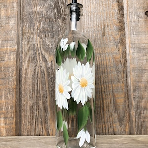 Hand painted White Daisy Olive Oil, Dish Soap Bottle Dispenser for Kitchen