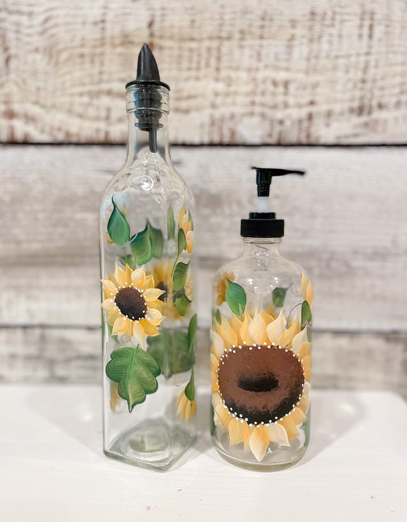 Hand painted Glass Soap, Lotion Dispenser Bottle Sunflower, 16oz.with Black pump image 7