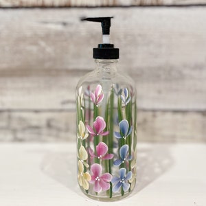 Hand painted Glass Soap, Lotion Dispenser Bottle Wildflower, 16oz.with Black pump