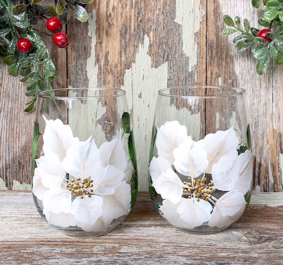 White Poinsettia Christmas Stemless Wine Glass Tumbler, Hand Painted 17oz.  Custom Wine Glass - Etsy