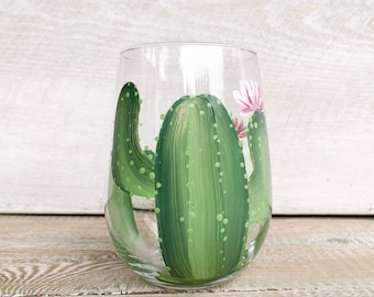 Hand painted Cactus Stemless Wine glass with Pink Flowers. Version B Perfect for your favourite wine. Great for Gift giving
