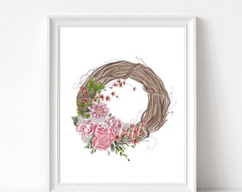 Spring Flower Wreath Wall Art Print Illustration, Spring Wall Decor, gift for Mom