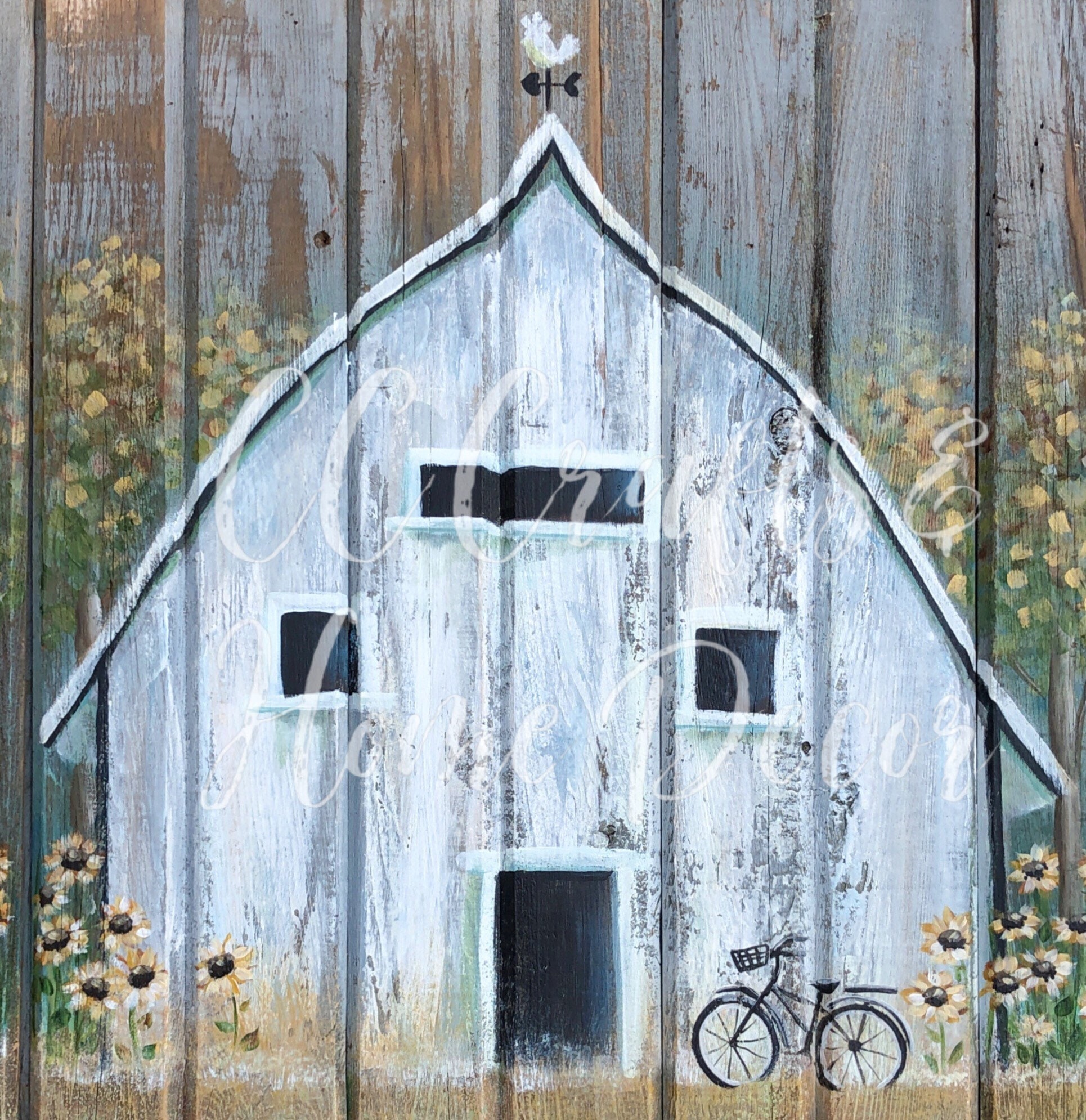 White Barn With Sunflowers Wall Art Giclee Print, Rustic Farmhouse ...