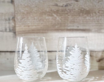 White Winter Christmas Trees Stemless wine glass tumbler, hand painted 17oz. custom wine glass gift for friends and family