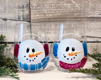 Snowman Christmas Wine Glass 12 oz. Hand Painted Cypress Home