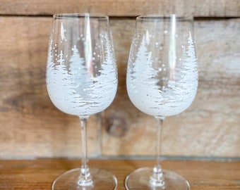 White Snowy Tree Winter Christmas Holiday Stemmed wine glass, hand painted 16oz. custom glassware for holiday entertaining