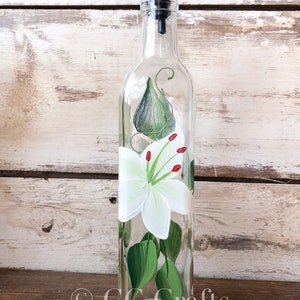 Hand painted White Lily Olive Oil, Dish Soap Dispenser Bottle for Kitchen