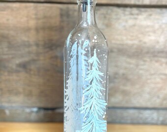 Hand painted Holiday Winter White Trees Olive Oil, Dish Soap Dispenser Bottle for Kitchen Christmas Gift idea, hostess present.
