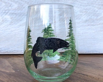 Hand painted Salmon and Trees STEMLESS Wine Glass. Great for Dads, Father’s Day, Birthdays, Teacher's gifts