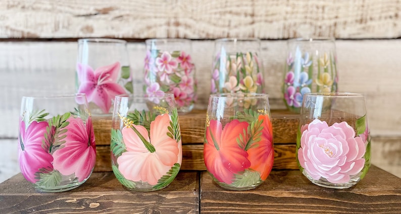 Painted Cherry Blossom STEMLESS Wine glasses. Hand painted Wine tumbler Perfect for your favourite wine. image 8