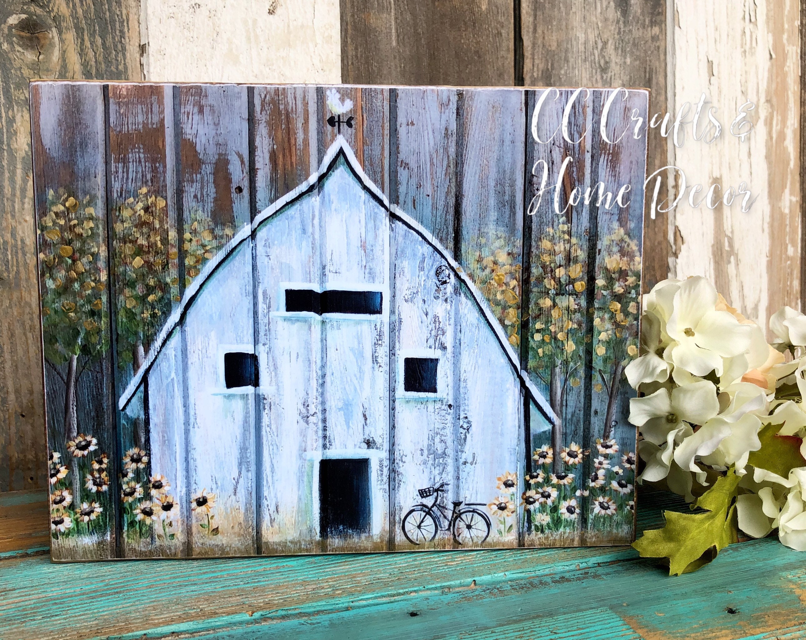 White Barn With Sunflowers Wall Art Giclee Print, Rustic Farmhouse ...