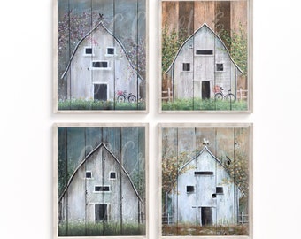 Rustic White Barns ART PRINTS, Set of Four. Giclee Prints from original paintings. Barn lover Gift Idea. Farmhouse Decor