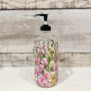 Hand painted Glass Soap, Lotion Dispenser Bottle Sweet Peas, 16oz. with Black pump