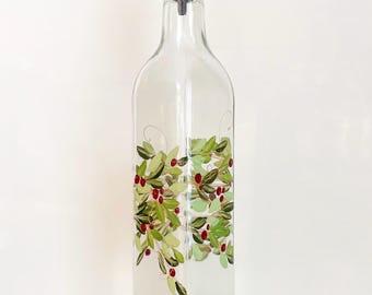 Hand painted Holiday Boxwood Wreath with Red Berries Olive Oil, Dish Soap Dispenser Bottle for Kitchen Christmas Gift idea, hostess present.