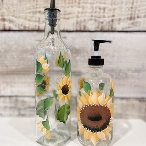 Hand painted Glass Soap, Lotion Dispenser Bottle Sunflower, 16oz.with Black pump image 8