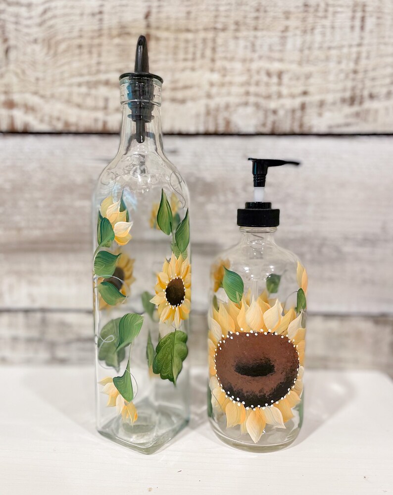 Hand painted Glass Soap, Lotion Dispenser Bottle Sunflower, 16oz.with Black pump image 8