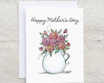 Happy Mother’s Day Greeting Cards, Handmade original design Blank inside, flowers in pitcher card with white envelope. A2 size. 4.25 x 5.5