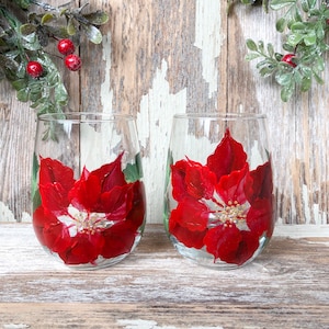 Red Poinsettia Christmas Stemless wine glass tumbler, hand painted 17oz. custom wine glass