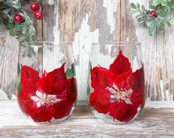 Red Poinsettia Christmas Stemless wine glass tumbler, hand painted 17oz. custom wine glass